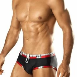 Vuthy 283 Black With Red Plaid Waist Swim Brief Swimwear